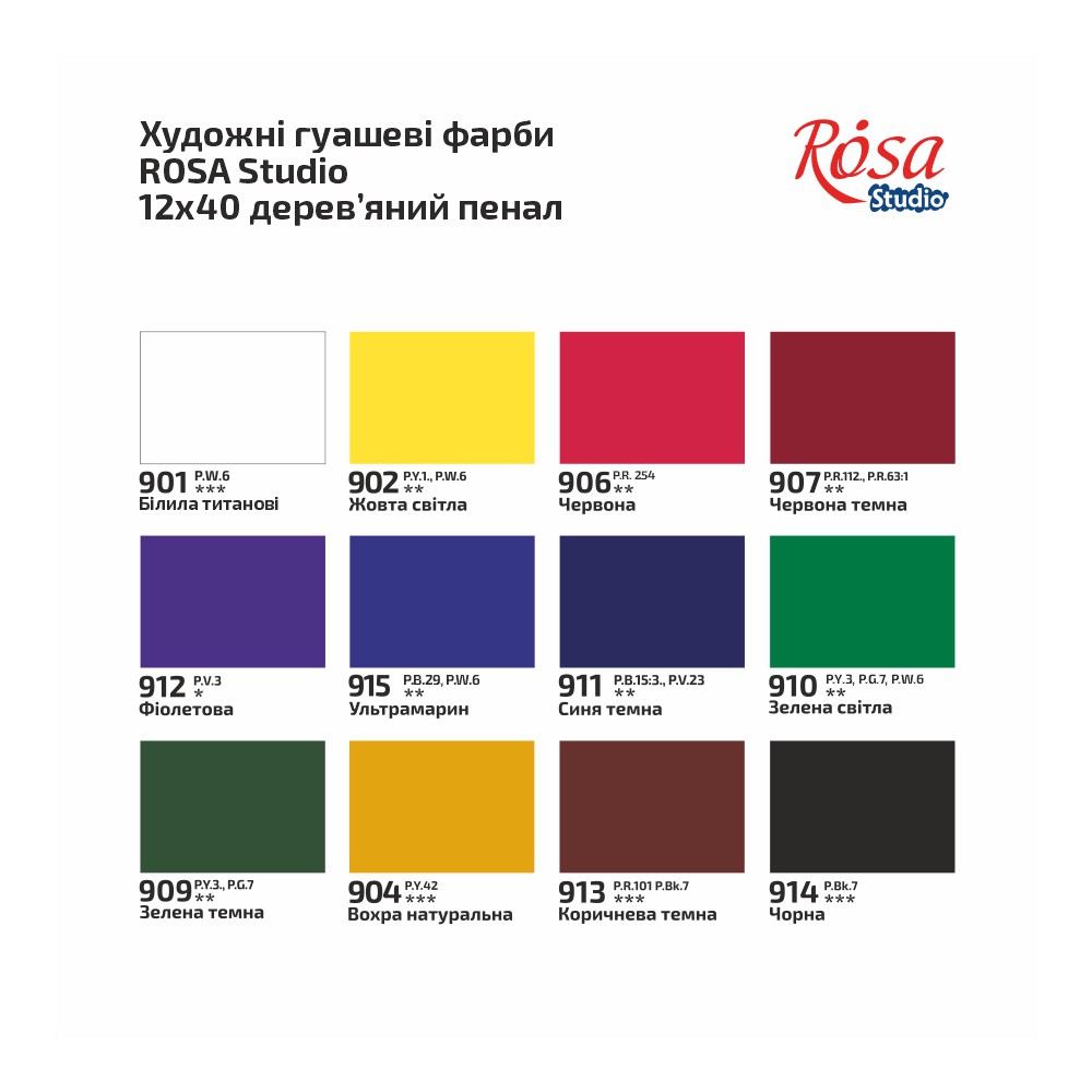 Набір гуашевих фарб ROSA Studio CLASSIC 12 кольорів по 40 мл у дерев’янному пеналі 221547. Фото 4