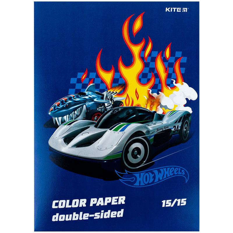 Папір кольоровий двосторонній Kite Hot Wheels А4 15 аркушів HW24-250