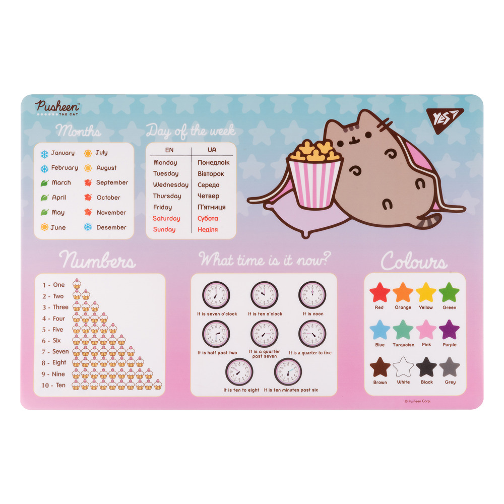 Підкладка для столу пластикова Yes Pusheen Popcorn з підказками англійська мова 42x29 см 492260