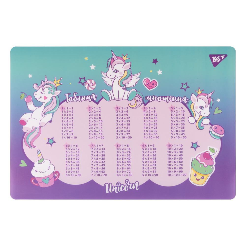Підкладка для столу пластикова Yes Glamour Unicorns з підказками таблиця множення 42x29 см 492258