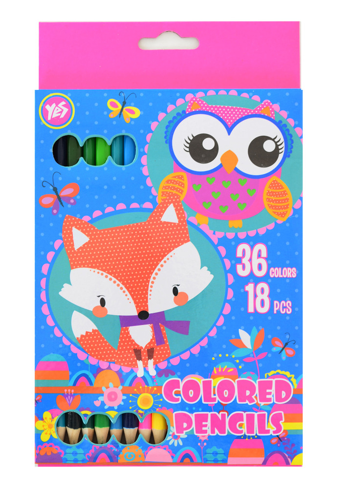Олівці кольорові Yes 18шт/36 кольорів двосторонні Charming animals 290486