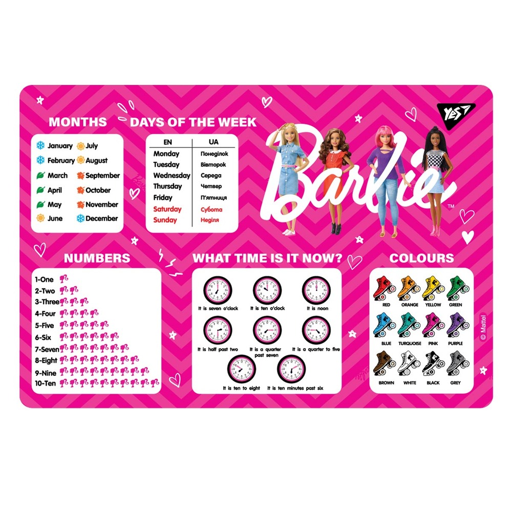 Підкладка для столу пластикова Yes Barbie англійська з підказками англійська мова 42x29 см 492056