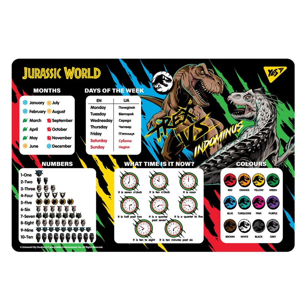Підкладка для столу пластикова Yes Jurassic World з підказками англійська мова 42x29 см 492064