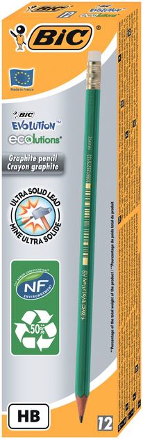 Олівець чорнографітний шестикутний BIC Evolution з гумкою 655 HB Зелений (12)