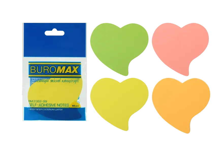 Блок паперу для нотаток з клейким шаром Buromax Серце 50 аркушів асорті BM.2362-99