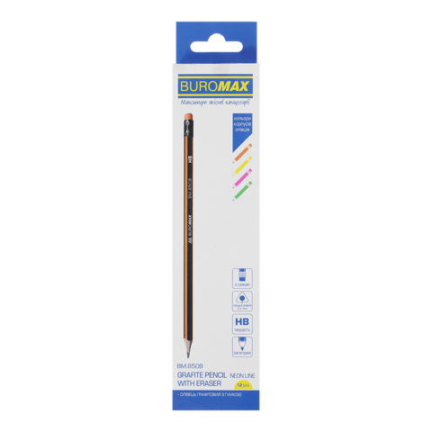 Олівець чорнографітний Buromax Neon Line HB з гумкою BM.8508