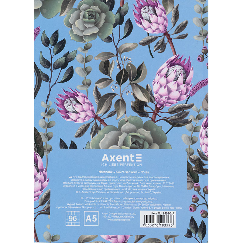 Книга записна Axent Bloom 8456-2-A, А5, 96 аркушів, клітинка, тверда обкладинка, блакитна. Фото 5