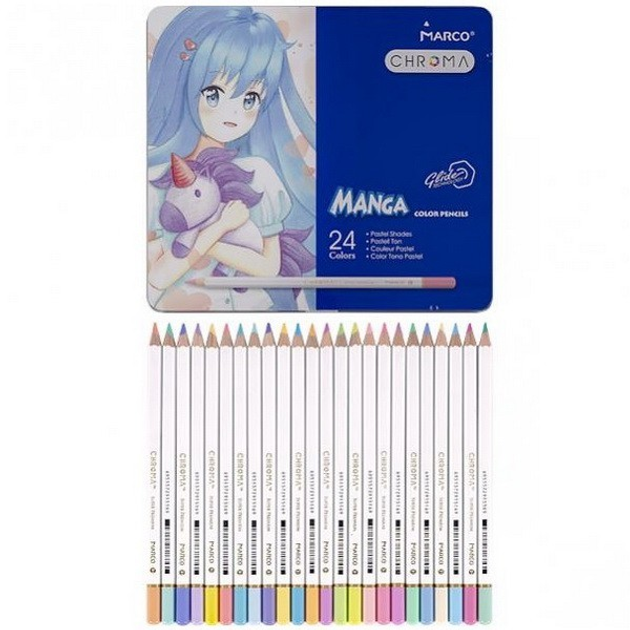 Олівці кольорові Marco Chroma Manga пастельні 24 кольори в металевому кейсі 8550-24TN. Фото 2