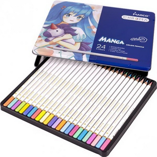 Олівці кольорові Marco Chroma Manga пастельні 24 кольори в металевому кейсі 8550-24TN. Фото 3