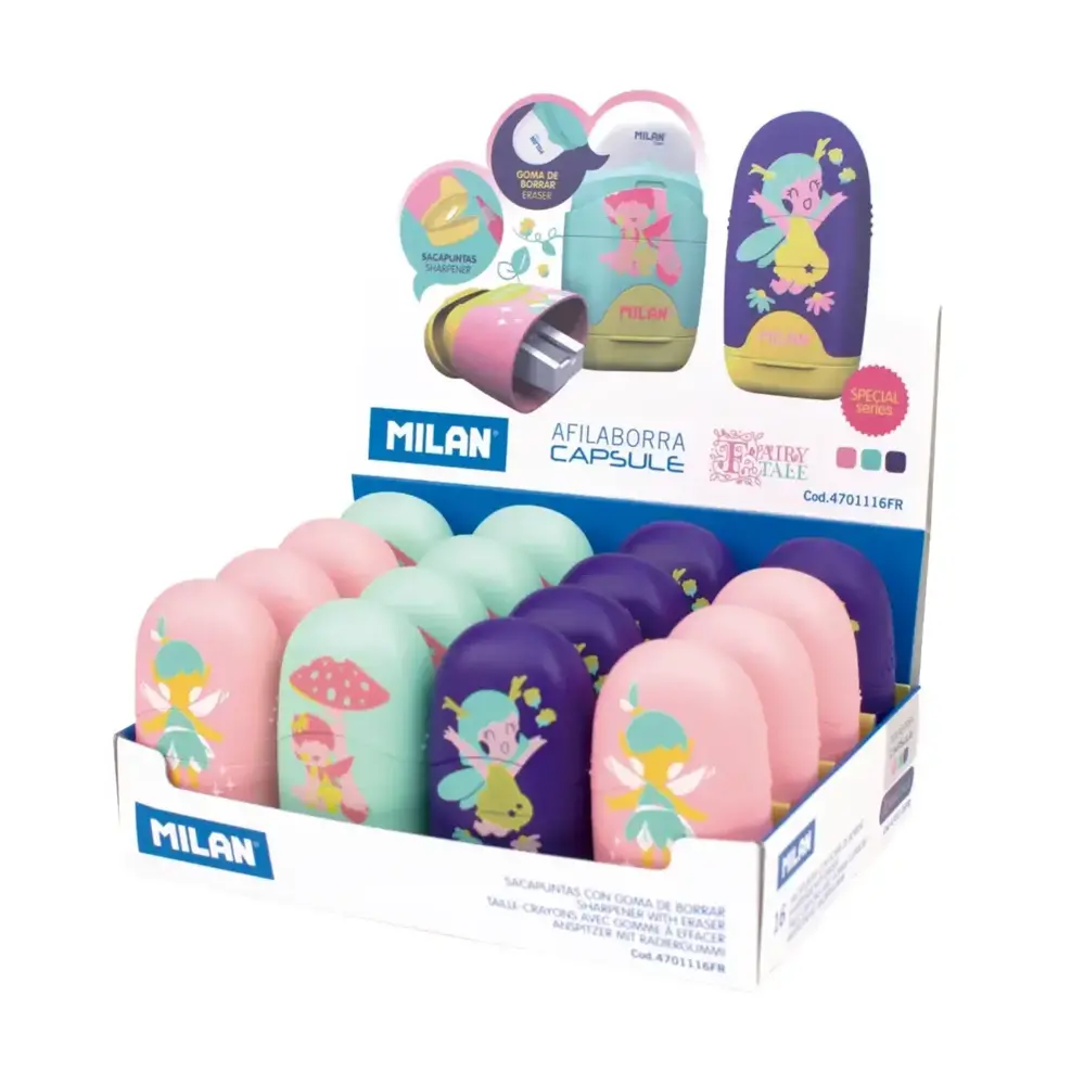 Гумка + стругачка Capsule Fairy Taleм ТМ MILAN мікс (16 шт) 4701116FR