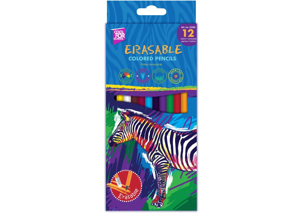 Олівці кольорові CoolForSchool ERASABLE  12 шт пластикові, стираються, тригранні з гумкою CF15181