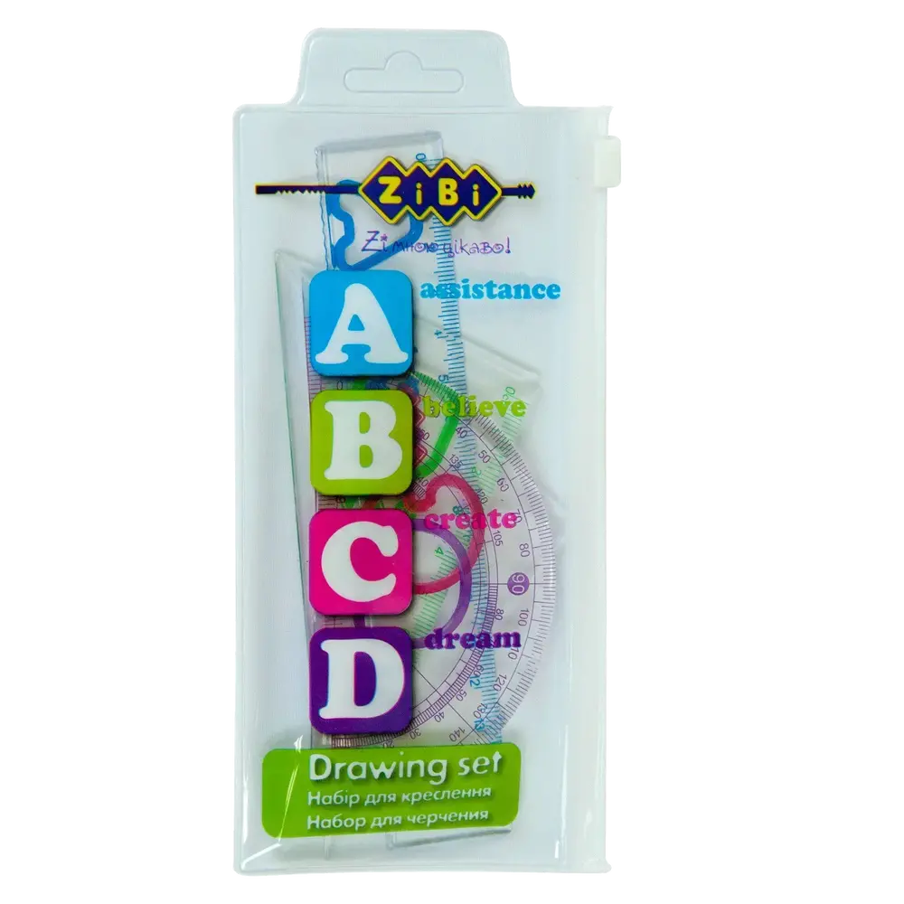 Набір креслярський ZiBi лінійка 15 см, 2 косинця, транспортир, асорті KIDS Line ABCD ZB.5684