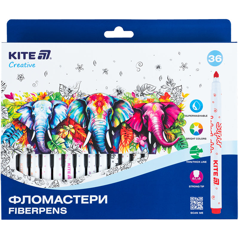 Фломастери Kite Creative Superwashable 36 кольорів  K-1154