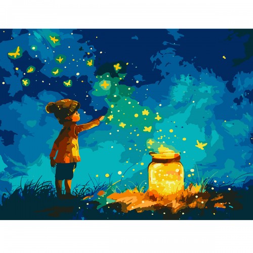 SANTI Картина за номерами. Хлопчик і світлячки 40x50 см LED підсвітка