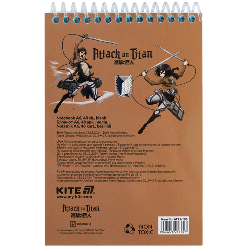 Блокнот на спіралі Kite Attack on Titan AT25-196, А6, 48 аркушів, нелінований. Фото 2