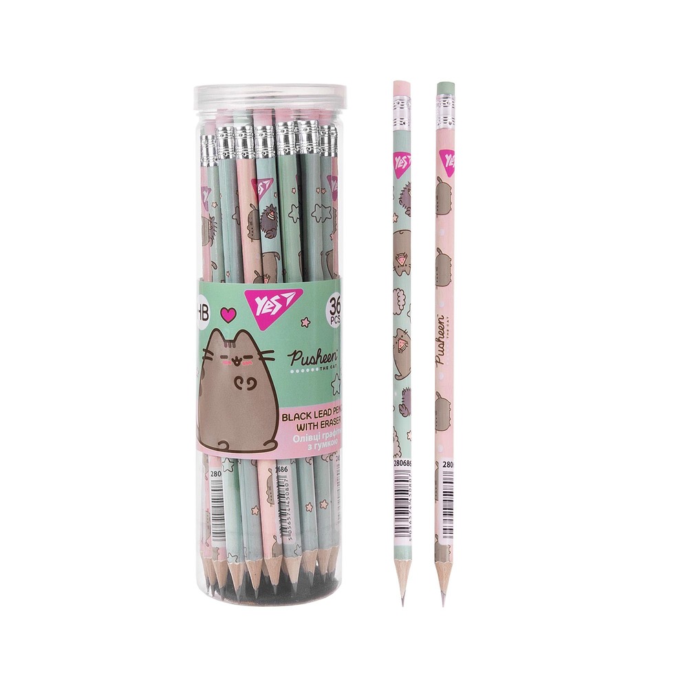 Олівець чорнографітний Yes Pusheen круглий з гумкою 2 дизайна мікс	 280686