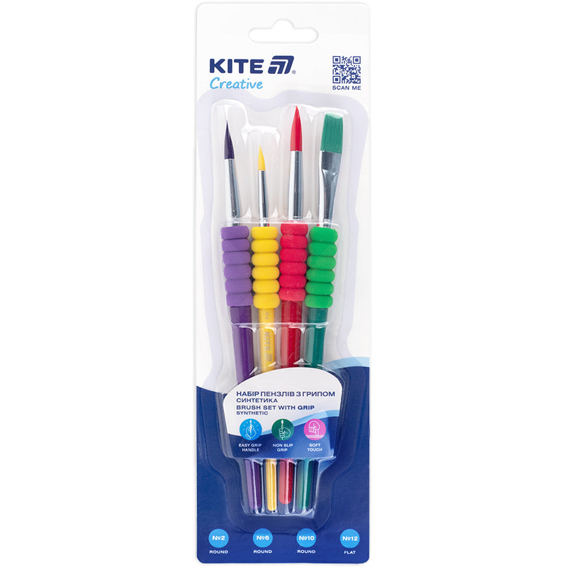 Набір пензлів Kite з грипом Creative (синтетика, круглі 2, 6, 10, плаский 12) K-334-1 