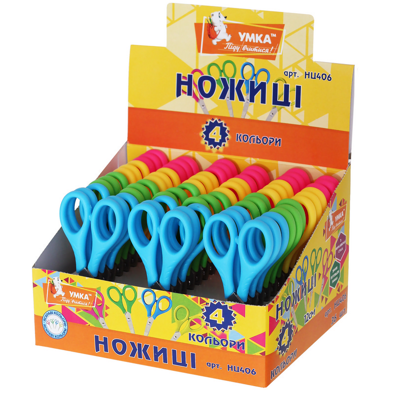 Ножиці дитячі УМКА 12 см потовщена ручка в 4-х кольорах (36 шт) НЦ406