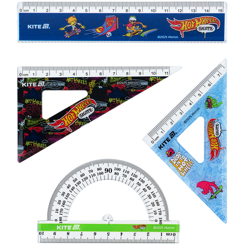 Набір: лінійка 15 см, 2 косинця, транспортир Kite Hot Wheels HW25-282. Фото 2