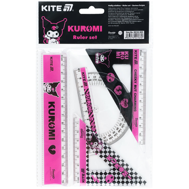 Набір: лінійка 15 см, 2 косинця, транспортир Kite Kuromi HK25-282
