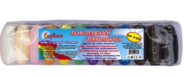 Пластилін повітряний Барвінок 12 кольорів + 3 стеки 6-420