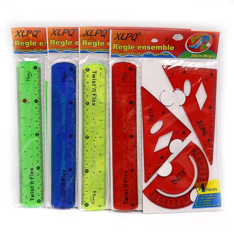 Набір креслярський силіконовий 4 предмети (2 косинця, транспортир, лінійка 20см) mix 1620DSCN
