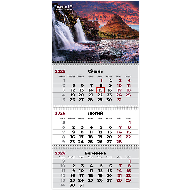 Календар настінний квартальний 2026 р. Axent, 8803-26- 6-A 3 пр. Waterfalls 3