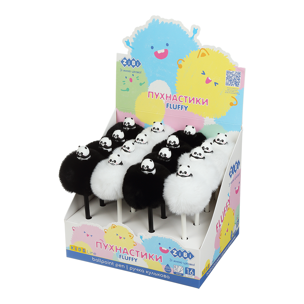 Ручка кулькова ZiBi Fluffy black-white Panda 0.7 мм синя асорті дизайнів ZB.2008