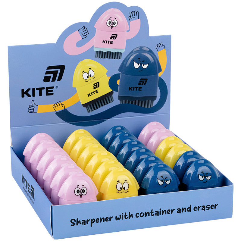 Точилка Kite K25-365 Faces, з контейнером та гумкою асорті (24 шт). Фото 2