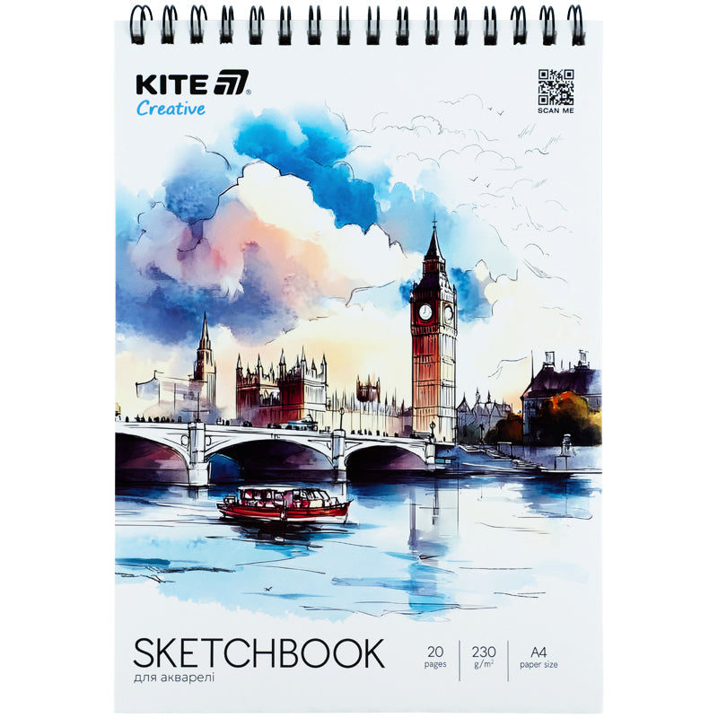 Скетчбук для акварелі Kite Creative K-1284, А4, на спіралі, 20 аркушів