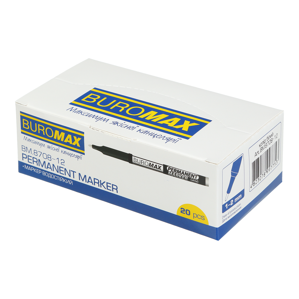 Маркер BUROMAX водостійкий білий 1-2 мм BM.8708-12