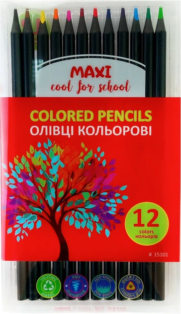 Олівці кольорові MAXI пластикові, чорний корпус 12 кольорів MX15101