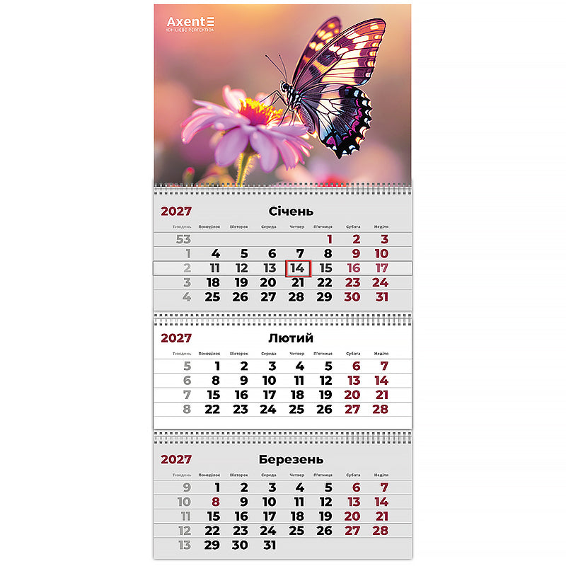 Календар настінний квартальний 2027 Axent Butterflies 3 8803-27-6-A, 3 пружини