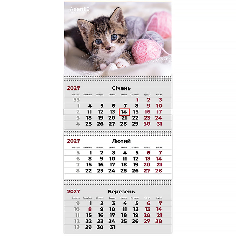 Календар настінний квартальний 2027 Axent Cats 1 8803-27-7-A, 3 пружини