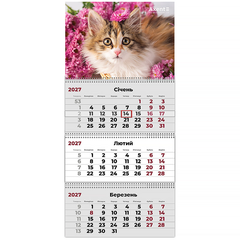 Календар настінний квартальний 2027 Axent Cats 3 8803-27-9-A, 3 пружини